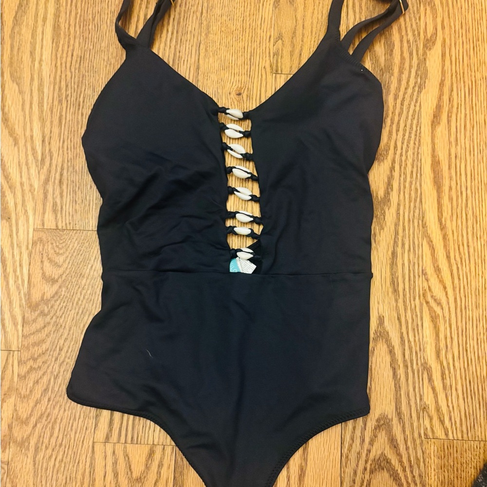Black One-Piece Swimsuit with Shell Detail